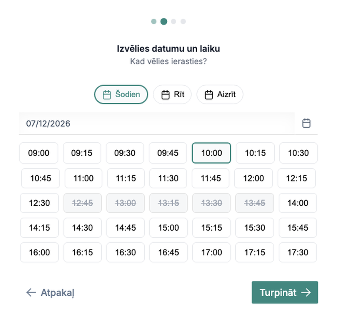 Quanty publiskā tiešsaistes rezervēšanas lapa ar pakalpojumiem un pieejamiem laikiem